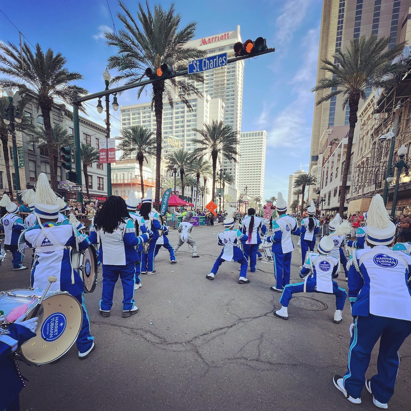 Harriet Tubman Charter drumline performing on St. Charles Avenue